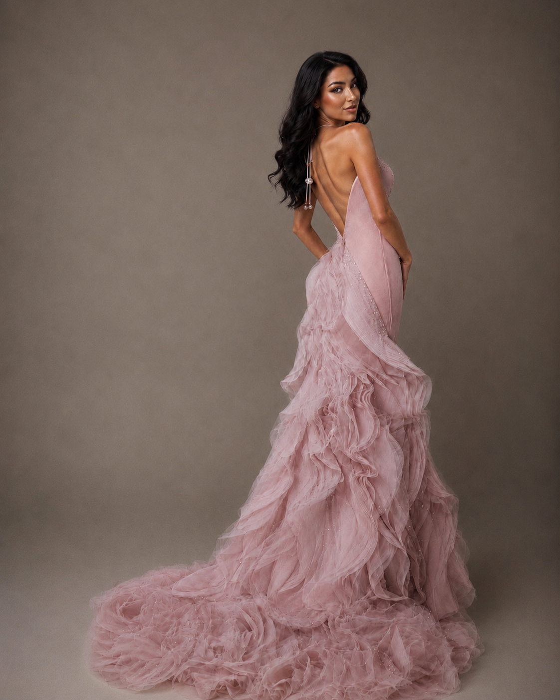 The Brise — dusty pink halter gown with open back and cascading ruffled tulle train, made to measure