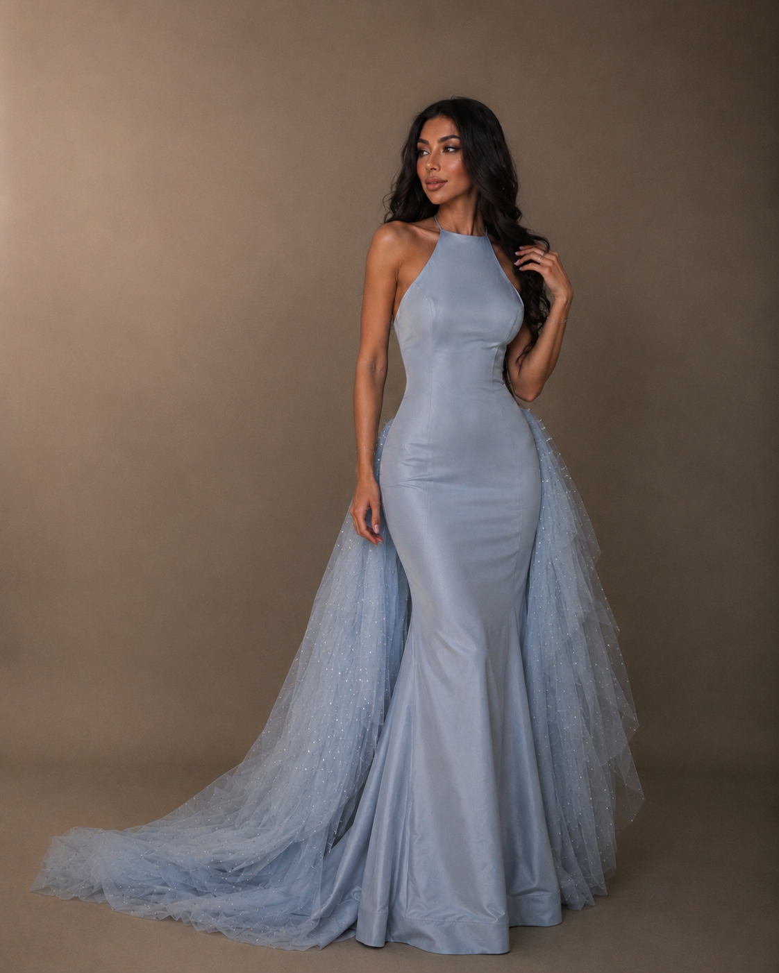 The Brise in sky blue — halter tulle gown with ruffle train, custom-made wedding guest dress