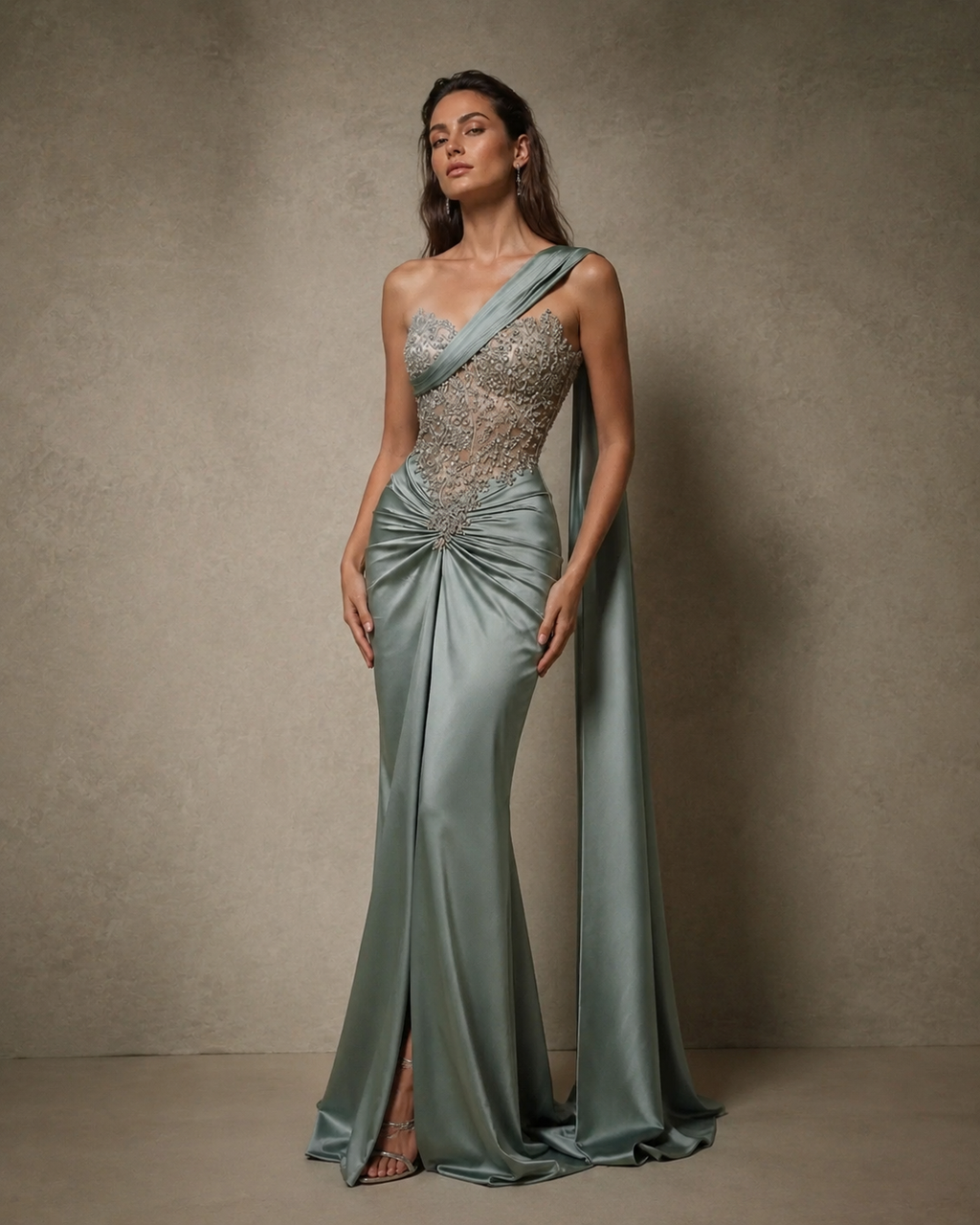 The Sage — Sage satin with a beaded illusion bodice and a single sash falling from the shoulder to the floor, handmade to order