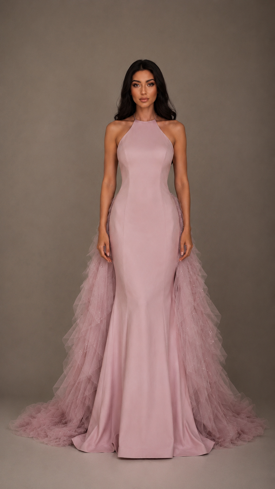 The Brise front view — dusty pink halter gown with sparkling tulle skirt, handmade to order