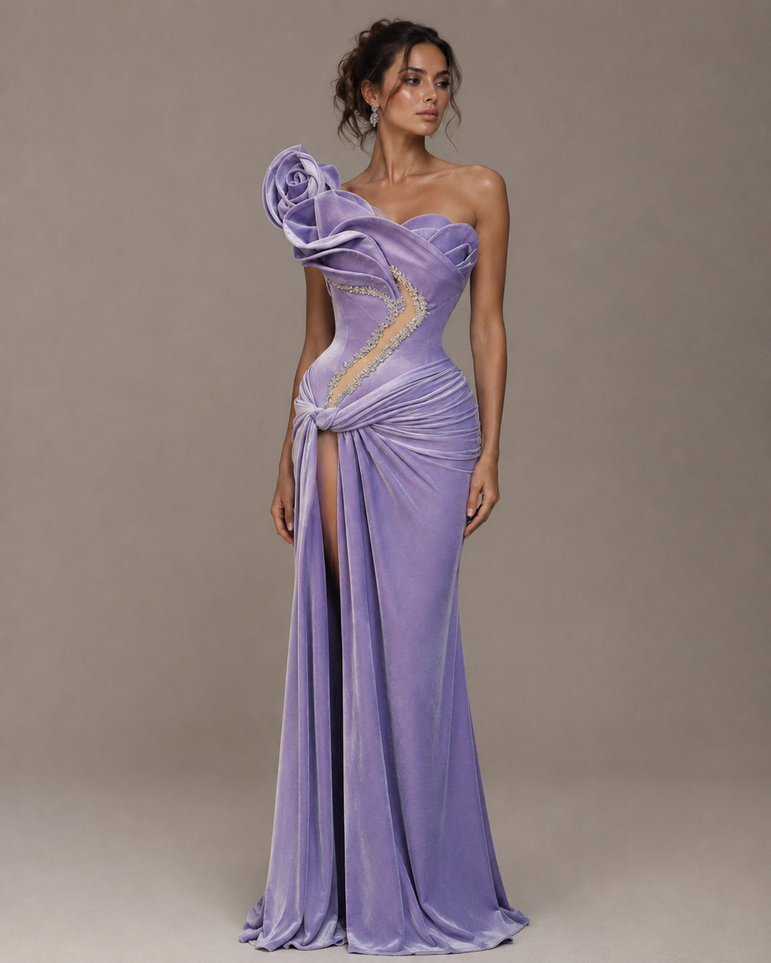 The Lilac Hour — Lilac velvet, wrapped and knotted at the hip, with an oversized rose at the shoulder and a split that runs to the waist, made to measure