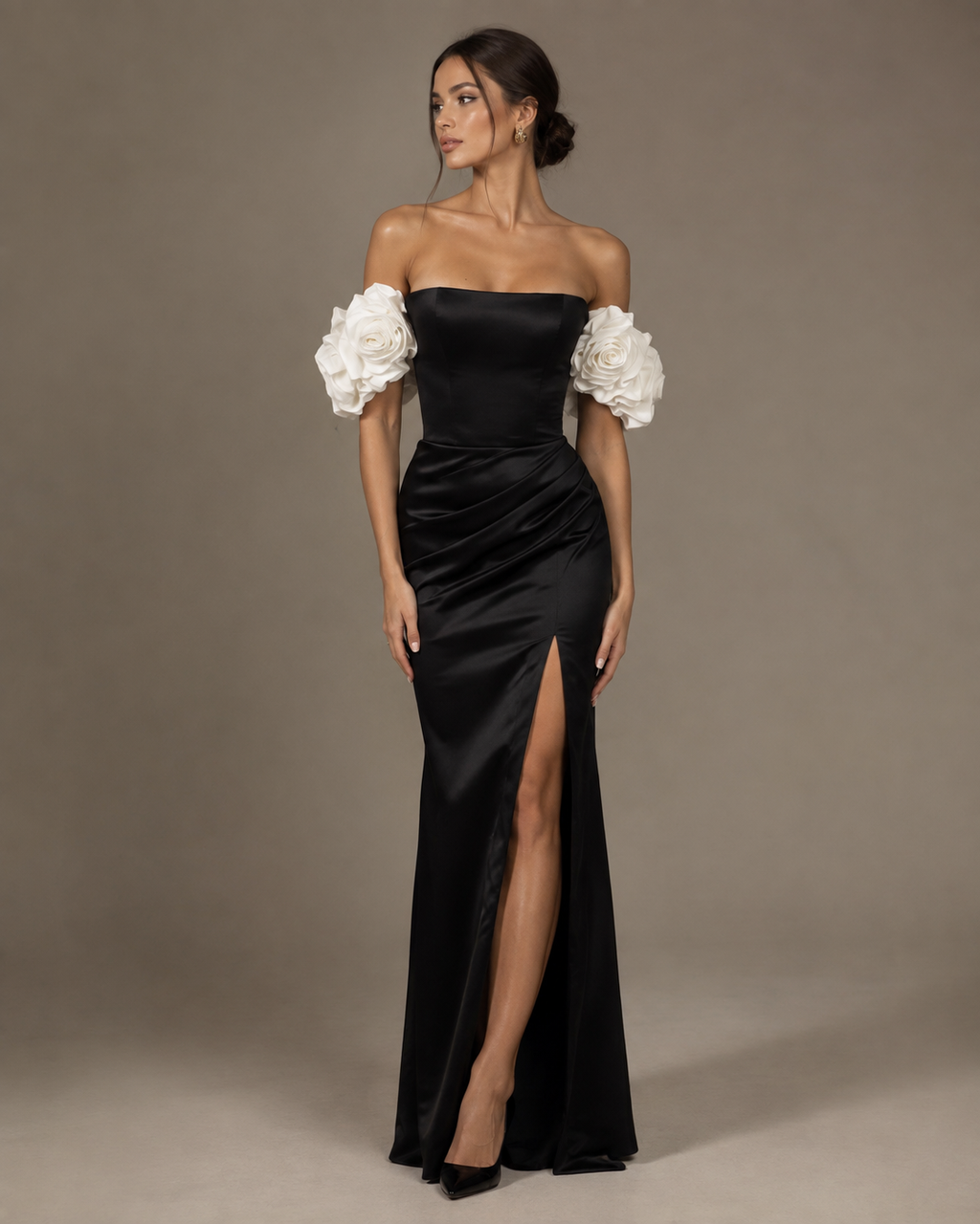 The Fleur — black satin evening dress with sculptural ivory flower sleeves and thigh-high slit, made to measure