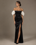 The Fleur — black satin evening dress with sculptural ivory flower sleeves and thigh-high slit, made to measure