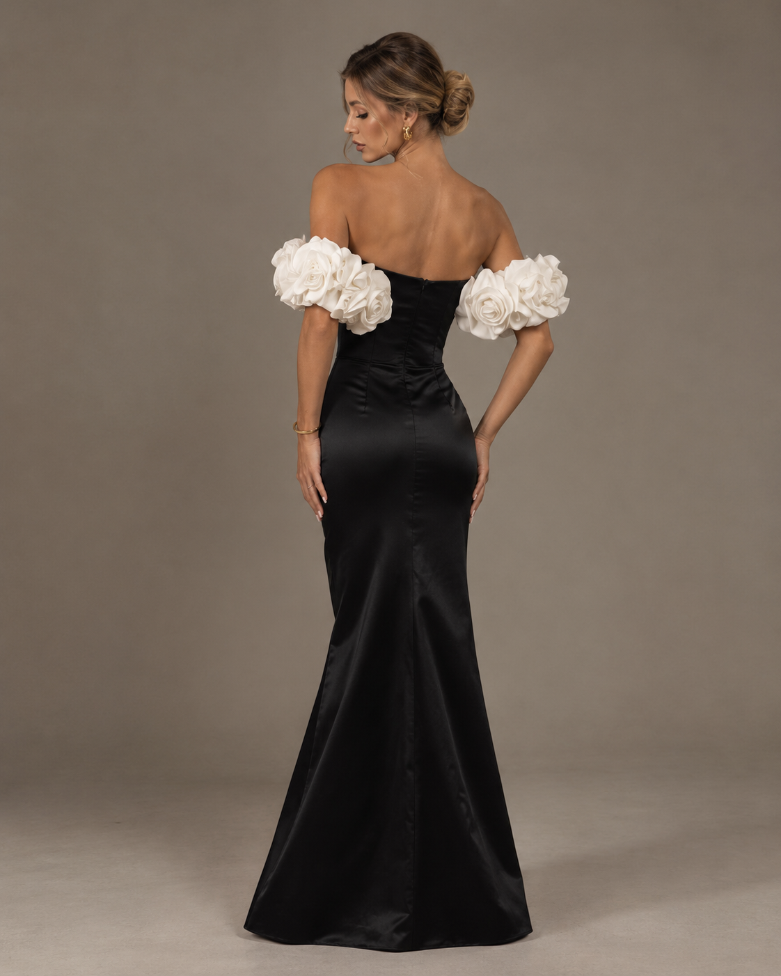 The Fleur — strapless black satin gown with white flower sleeves, handmade to order