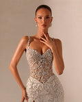 The Solène — champagne crystal-beaded corset gown with jewelled straps and high slit, made-to-measure evening dress