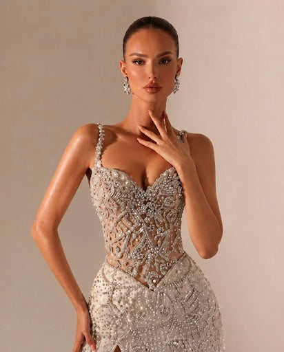 The Solène — champagne crystal-beaded corset gown with jewelled straps and high slit, made-to-measure evening dress